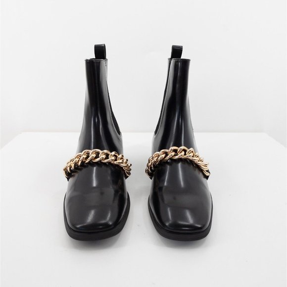 JEFFREY CAMPBELL Emrys Black Chelsea Boot Patent Leather Booties Gold Chain - Picture 2 of 8